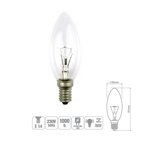 ŻARÓWKA WSTRZĄSOODPORNA CLIS-60CL 60W E14 ŚWIECA PRZEZROCZYSTA