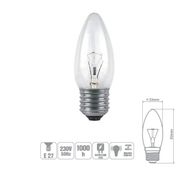 ŻARÓWKA WSTRZĄSOODPORNA OLIS-60CL 60W E27 ŚWIECA PRZEZROCZYSTA