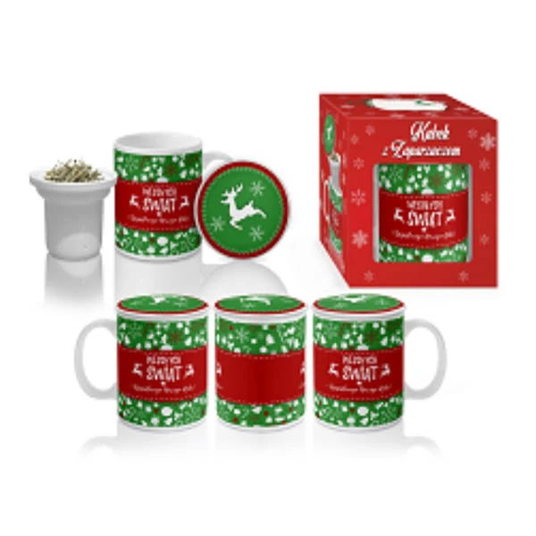 BG-KUBEK Z ZAPARZACZEM *WESOŁYCH ŚWIĄT 1* ZIELONY