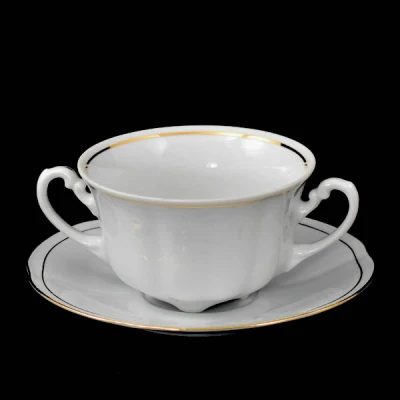 BULIONÓWKA + SPODEK PORCELANA ĆMIELÓW BOLERO ZŁOTY PASEK POLSKA 300 ml DUŻA