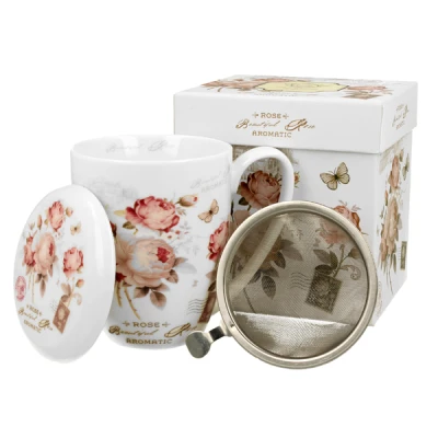 KUBEK Z ZAPARZACZEM POKRYWKĄ PORCELANOWY 380ML DO HERBATY ZIÓŁ KAWY
