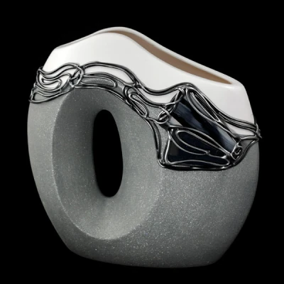 CER-WAZON MAŁY PŁASKI Z OTWOREM *DECOR WITRAŻ 1/2 BROKAT BIAŁY* C-366-1/2W