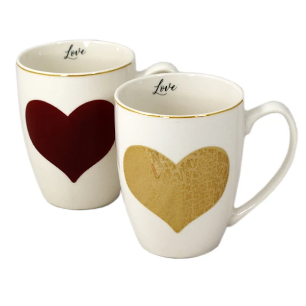 KOMPLET 2 KUBKÓW PORCELANOWYCH Duo Czerwone i złote serce porcelana 360 ml