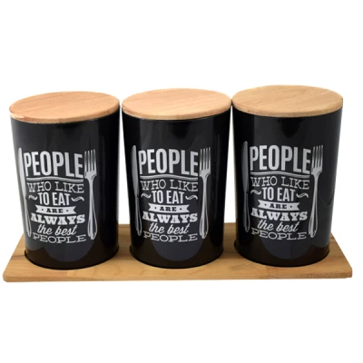 KATEX-KPL.3 POJEMNIKÓW EVA 0,9L CZARNY Z DREWNIANĄ POKRYWĄ I PODSTAWKĄ