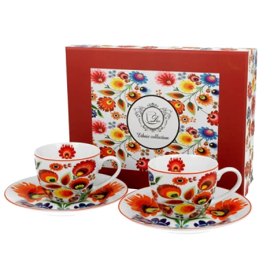KOMPLET 2 FILIŻANEK DO ESPRESSO + SPODKI Duo Łowicz porcelana 90 ml 2 szt.