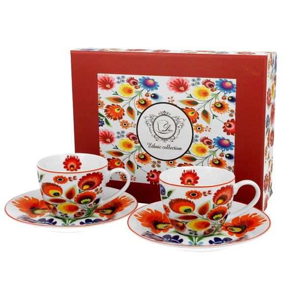 KOMPLET 2 FILIŻANEK DO ESPRESSO + SPODKI Duo Łowicz porcelana 90 ml 2 szt.