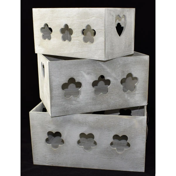 CH-KPL. 3 SKRZYNEK DREWNIANYCH SZARYCH *FLOWERS* 0090