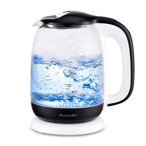 CZAJNIK ELEKTRYCZNY SZKLANY 1,7L DUŻY MOCNY 2200W BIAŁO-CZARNY KAMILLE