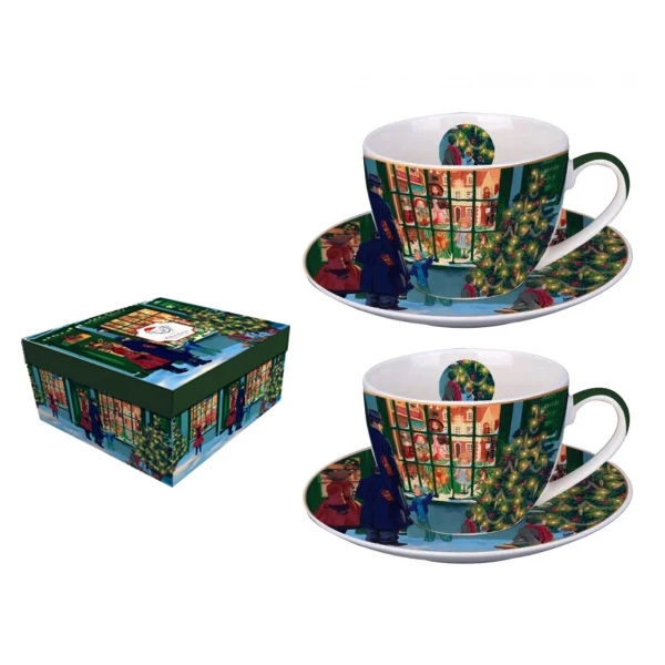 FILIŻANKI ŚWIĄTECZNE ZE SPODKAMI PORCELANA ZESTAW 4 ELEMENTY 2x2