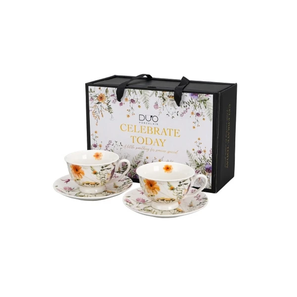 KOMPLET FILIŻANEK PORCELANOWYCH 250ML 2+2 ZE SPODKAMI *PANSY*