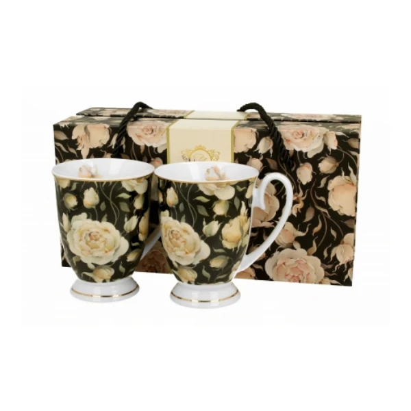 KOMPLET 2 KUBKÓW PORCEALNOWYCH Duo ENGLISH ROSES BLACK porcelana 320 ml