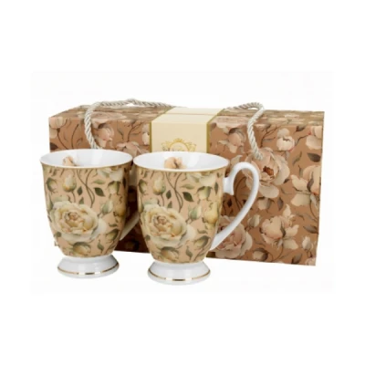 KOMPLET 2 KUBKÓW PORCEALNOWYCH Duo ENGLISH ROSES CREAM porcelana 320 ml