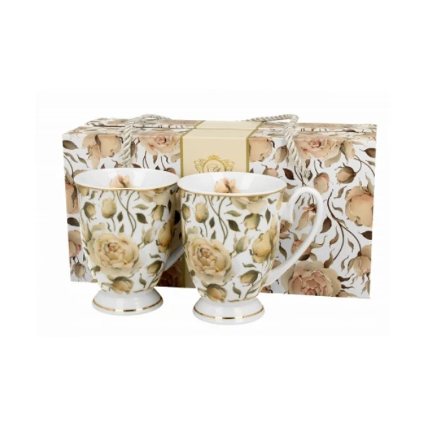 KOMPLET 2 KUBKÓW PORCEALNOWYCH Duo ENGLISH ROSES WHITE porcelana 320 ml