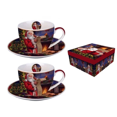 KOMPLET 2 FILIŻANEK ZE SPODKIEM FILIŻANKA 250 ML DO KAWY DO HERBATY ŚWIĘTA