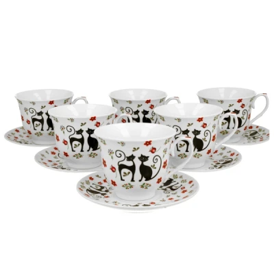 KOMPLET FILIŻANEK PORCELANOWYCH 6+6 ZE SPODKAMI 250 ML DUO *KOTY ETNO*