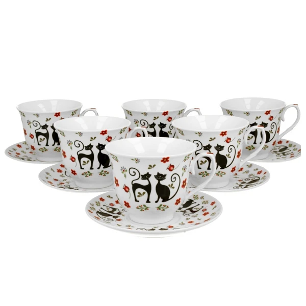KOMPLET FILIŻANEK PORCELANOWYCH 6+6 ZE SPODKAMI 250 ML DUO *KOTY ETNO*