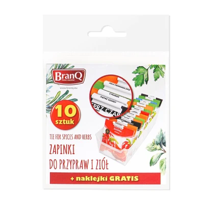 ZESTAW 10 ZAPINEK NA PRZYPRAWY SPINACZE NA TOREBKI Z NAKLEJKAMI BRANQ 10szt
